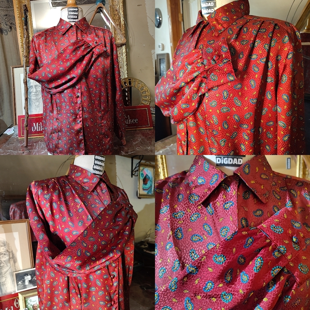 Vintage Oscar De La Renta Red Burgundy Paisley Button-Up Blouse